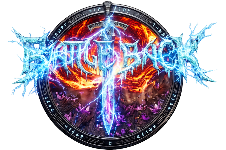 BATTLEBACK — electric ice wordmark over a lightning-charged sword emblem